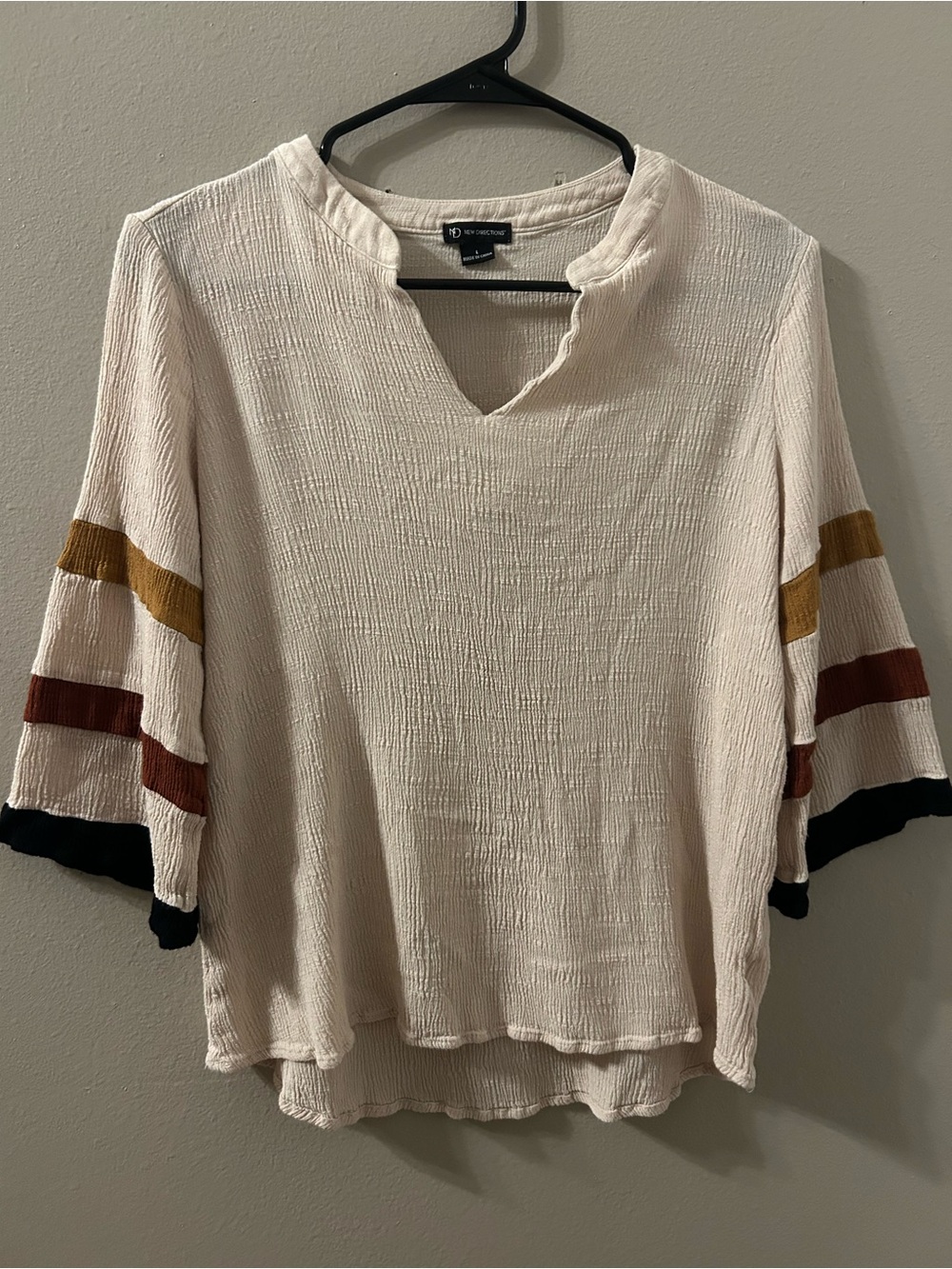 New Directions Cream Textured V-Neck Top with Striped Sleeves